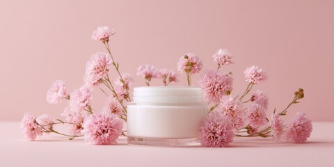 Elegant Cream Jar with Lavender and Wildflowers on Pastel Pink Background