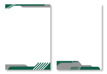 Two abstract letterhead designs, with page templates with green and grey abstract geometric designs and diagonal lines on white. Modern and attractive design elements. 