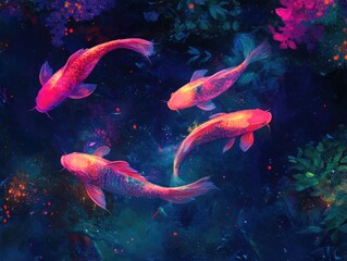 Fototapeta premium Vibrant, colorful koi fish swimming in a surreal aquatic environment.