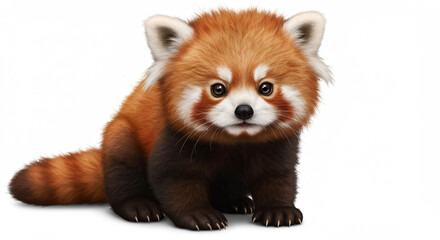 Captivating portrait of a red panda cub, a symbol of wildlife conservation, showcasing its expressive face and striking fur texture, poised against a pure white backdrop
