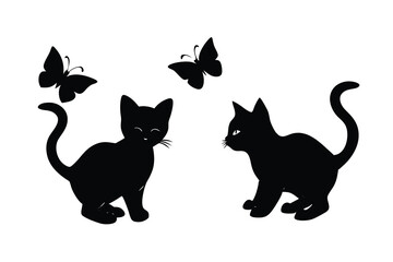Obraz premium Two black cat silhouettes watch butterflies in a minimalistic art piece on white