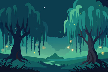 night landscape with trees and sea