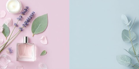 Pink and Blue Background with Lavender Leaves and Cream Bottle
