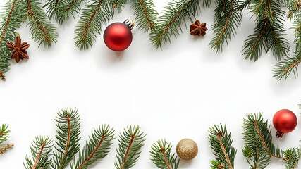 Festive christmas flat lay featuring evergreen branches ornaments and white space