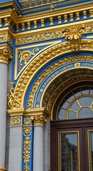 Building facade detail with ornate blue and gold architectural elements