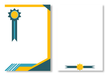 Two abstract letterhead designs, with certificate or award page templates with blue, yellow and turquoise ribbons and geometric designs on white. Modern and attractive design elements. 