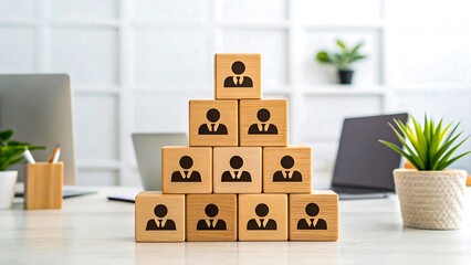 Wooden blocks forming a pyramid represent a company hierarchy showing team structure and management levels in a modern office setting.