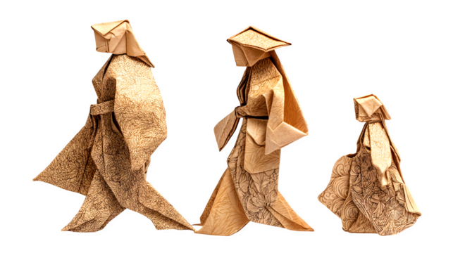 Parents as origami paper figures folding themselves to create child figure with intricate design details isolated on Transparent Background