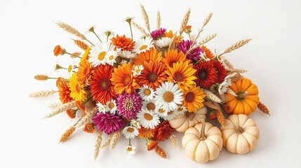 A vibrant autumn bouquet with white, orange, and red flowers, surrounded by pumpkins and wheat stalks on a white background. AAI generated.
