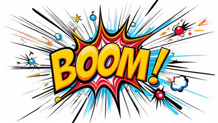 Vibrant comic book illustration depicting a bold yellow boom explosion effect