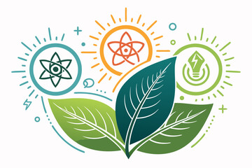 Create a vibrant vector illustration showcasing a bold, stylized leaf powering a bioenergy fusion device, emphasizing sustainable energy.