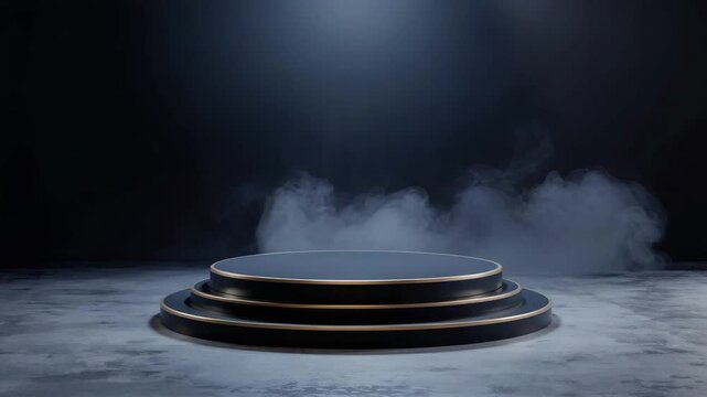 Empty 3d modern stage podium round pedestal for advertising presentation mock up product, In neon light dynamic and futuristic atmosphere smoke background, Full shot, Seamless loop