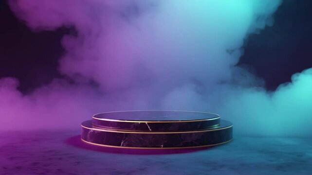 Empty 3d modern stage podium round pedestal for advertising presentation mock up product, In neon light dynamic and futuristic atmosphere smoke background, Full shot, Seamless loop