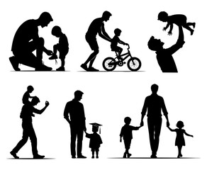 Collection of Minimal Father Illustrations with His Children – Emotional Father’s Day Vector Art Celebrating Father’s Love, Family Bonding, Parenthood, and Fatherhood Moments