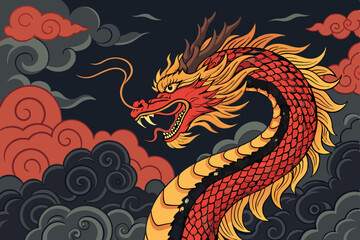 Create a vibrant vector illustration of a Chinese dragon, powerfully rendered with bold flames, showcasing intricate details and a majestic pose.