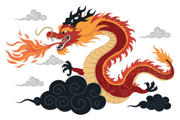 Create a vibrant vector illustration of a Chinese dragon, powerfully rendered with bold, swirling flames.  Emphasize intricate scales and majestic pose.