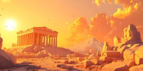 A sun-drenched vista of ancient ruins.