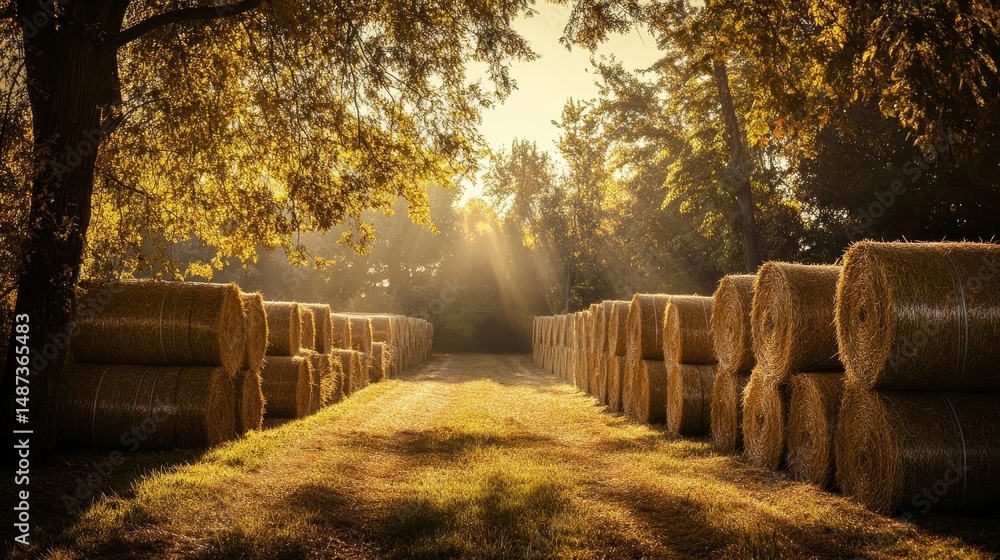 Aufkleber hay bales line a path in a field with trees and sunlight.