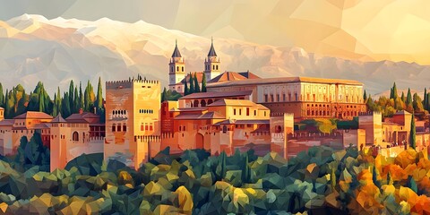 Colorful digital illustration of a historical palace complex.