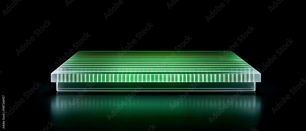 Poster glowing green rectangular object on black background