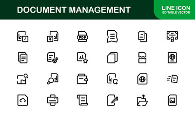 Document Processing and Workflow Management Icons. Essential File Handling, Archiving, and Digital Record System Icon Collection