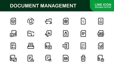 Document Processing and Workflow Management Icons. Essential File Handling, Archiving, and Digital Record System Icon Collection