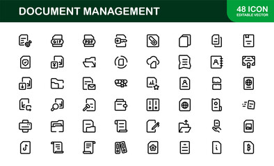 Document Processing and Workflow Management Icons. Essential File Handling, Archiving, and Digital Record System Icon Collection