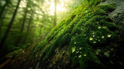 Adirondack moss close-up covering weathered stone with sparkling dew drops, diagonal composition showcasing feathery green textures, diffused morning light in misty forest