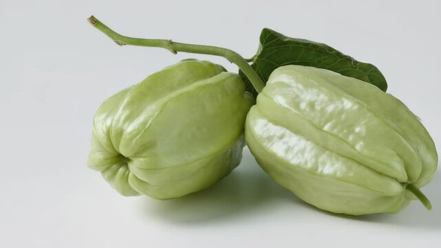 Close-up showcases two whole light green chayotes with stems and leaf, set against a clean white background with soft lighting for food photography