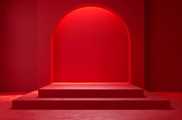 Fototapeta premium Vibrant red hexagonal tiered podium stands illuminated by a soft light beam against a matching backdrop for product presentation.