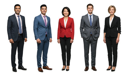 Obraz premium Professional Ensemble: Five diverse business professionals stand tall and confident. The image celebrates workplace diversity and the power of a professional look. 