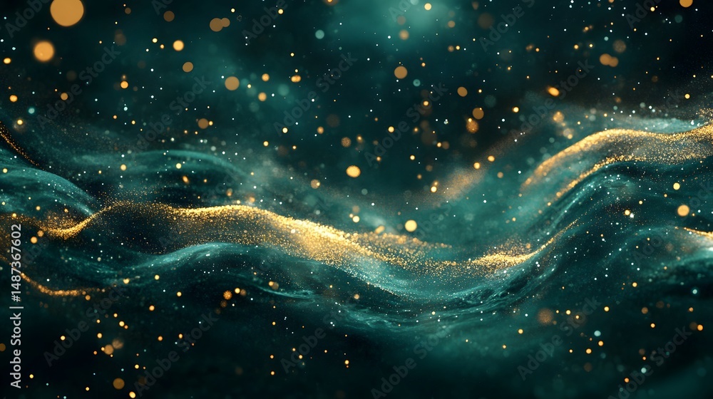 Poster deep malachite green gradient with golden glint and sparkling motion