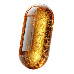 single golden fish oil capsule falling mid-air on transparent background 