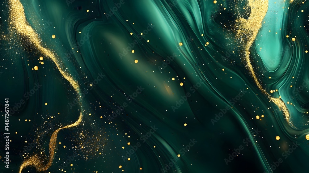 Poster deep malachite green gradient with golden glint and sparkling motion