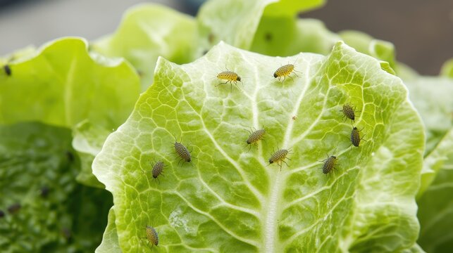 Fresh lettuce leaves with aphids crawling subtly on the surface