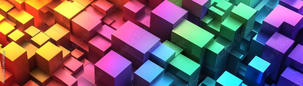 Poster abstract geometric design of many colorful cubes.