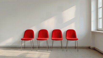 A row of red chairs pops vividly against a minimalist white wall, illuminated by soft sunlight pouring through a large window.
