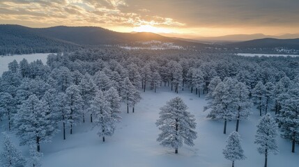 Aerial View of Snow Covered Pine Forest at Sunset with Mountain Range in Background