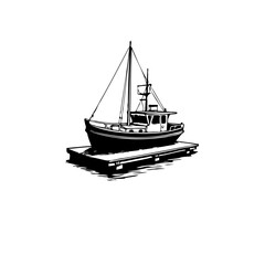 Monochromatic illustration of a fishing boat moored to a dock under clear skies