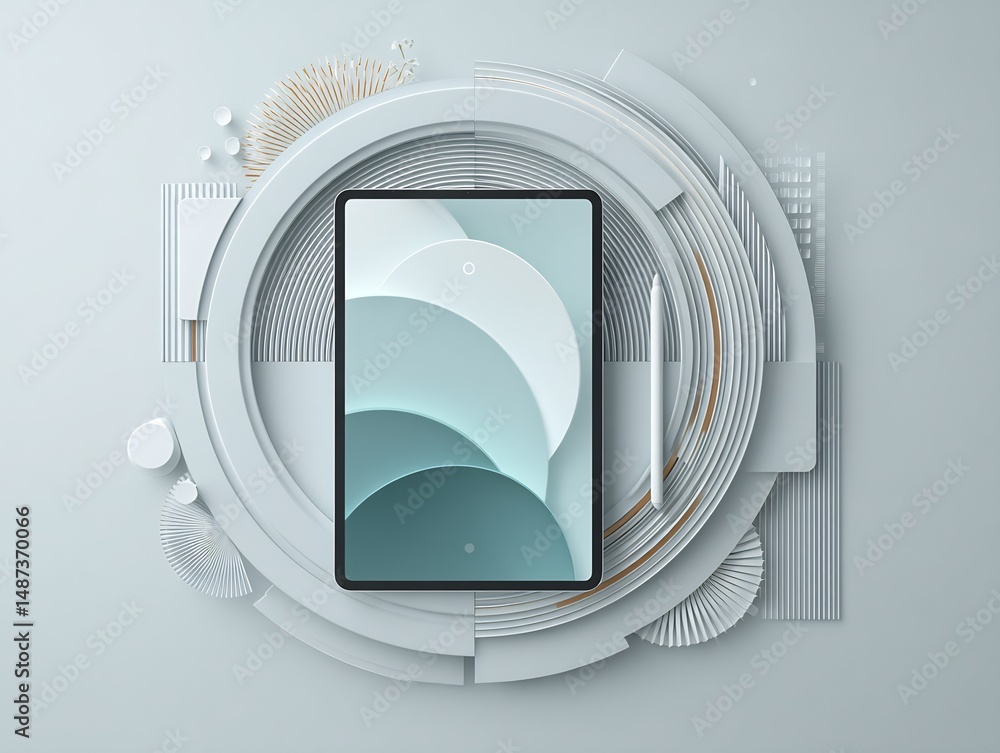 Poster abstract tablet presentation with circular design elements and stylus pen display