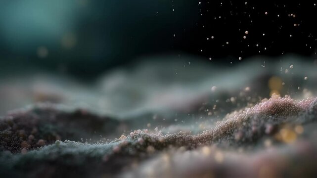 An aerial perspective captures the pulsating rhythm of a microbiome ecosystem filled with glowing bacteria particles spiraling upward suggesting the constant flux and energy of microbial