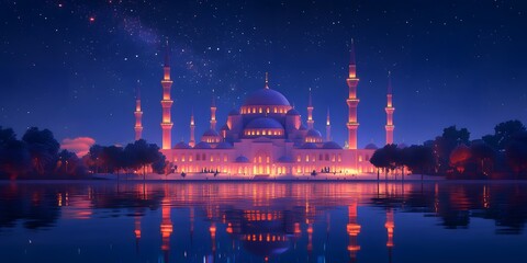 A serene, illuminated mosque at night reflected in water.