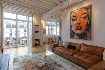 Open living room in Paris with white walls, brown leather sofa, glass coffee table, pop art painting, and cozy modern minimalist bohemian interior design