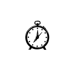 Simple black and white illustration of a classic analogue alarm clock design