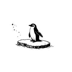 Whimsical penguin illustration atop a small iceberg against a stark background