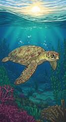 Fototapeta premium Ocean's Gentle Giant: A Sea Turtle's Underwater Realm