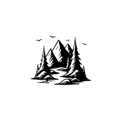 Monochromatic vector illustration of a pristine mountain landscape silhouette