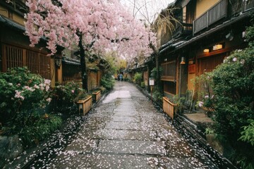 A spring cherry blossom pathway in Kyoto, petals falling gently