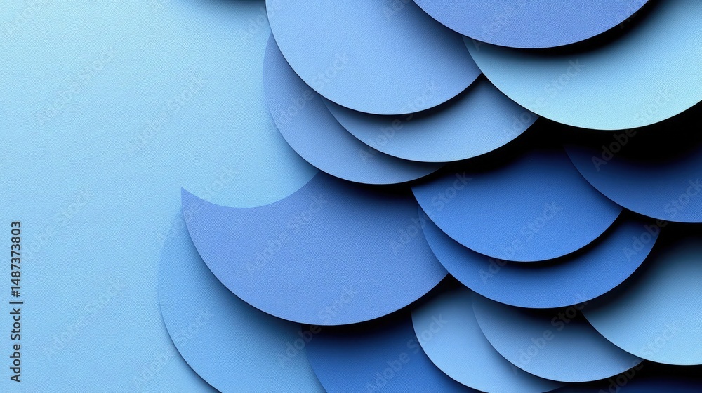 Poster overlapping light blue, textured paper circles forming a wave-like pattern. use as a background or g