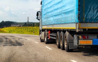 A truck with a semi-trailer transports cargo along the road in summer. The concept of a freight...